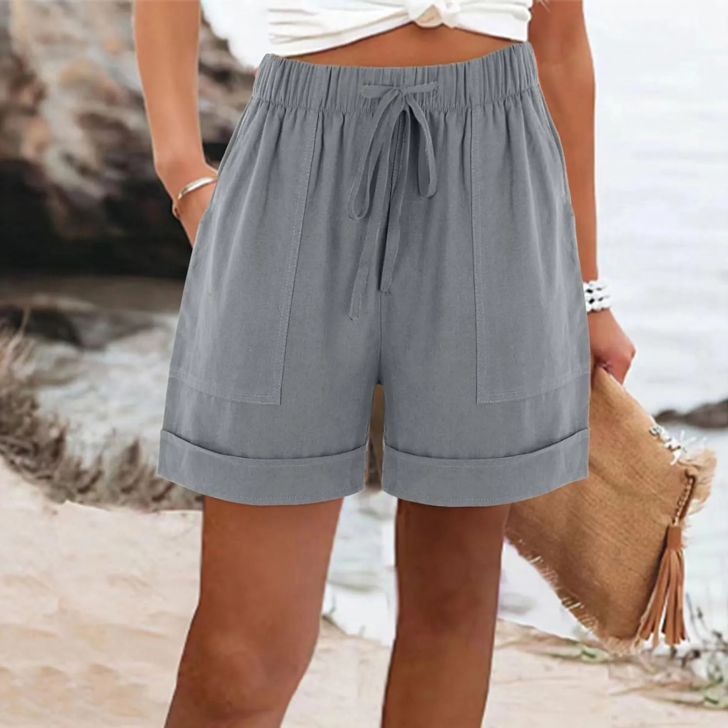 Cotton Linen Shorts for Women 2023 Loose Plain Summer Shorts Folded Hem Drawstring Elastic Waist Shorts with Pockets