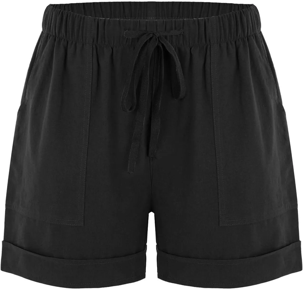 Cotton Linen Shorts for Women 2023 Loose Plain Summer Shorts Folded Hem Drawstring Elastic Waist Shorts with Pockets