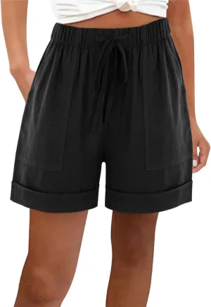 Cotton Linen Shorts for Women 2023 Loose Plain Summer Shorts Folded Hem Drawstring Elastic Waist Shorts with Pockets