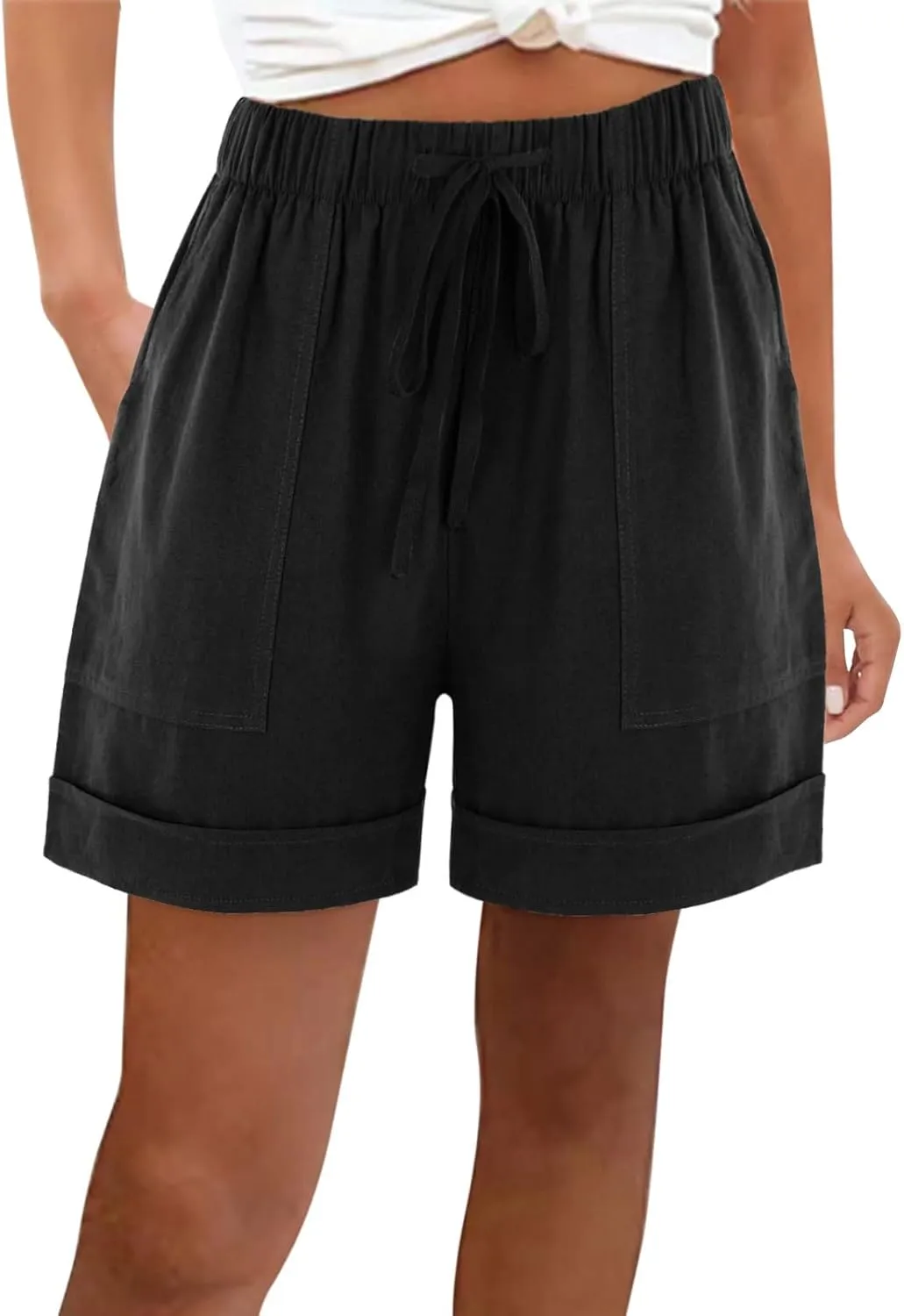 Cotton Linen Shorts for Women 2023 Loose Plain Summer Shorts Folded Hem Drawstring Elastic Waist Shorts with Pockets