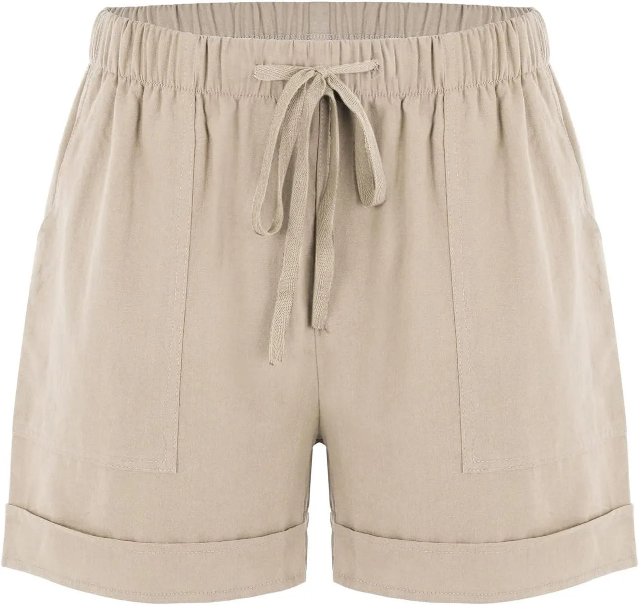 Cotton Linen Shorts for Women 2023 Loose Plain Summer Shorts Folded Hem Drawstring Elastic Waist Shorts with Pockets