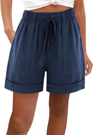 Cotton Linen Shorts for Women 2023 Loose Plain Summer Shorts Folded Hem Drawstring Elastic Waist Shorts with Pockets