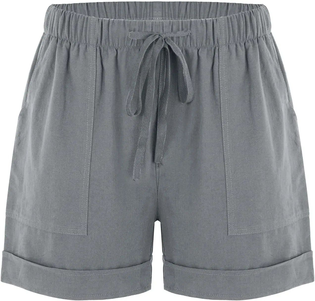 Cotton Linen Shorts for Women 2023 Loose Plain Summer Shorts Folded Hem Drawstring Elastic Waist Shorts with Pockets