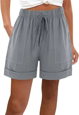 Cotton Linen Shorts for Women 2023 Loose Plain Summer Shorts Folded Hem Drawstring Elastic Waist Shorts with Pockets