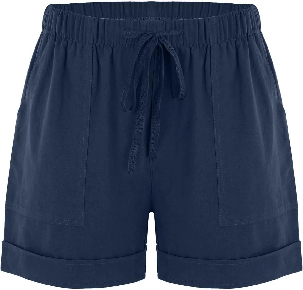 Cotton Linen Shorts for Women 2023 Loose Plain Summer Shorts Folded Hem Drawstring Elastic Waist Shorts with Pockets