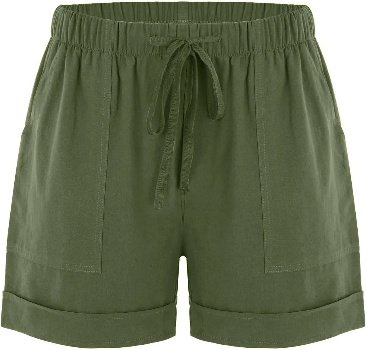 Cotton Linen Shorts for Women 2023 Loose Plain Summer Shorts Folded Hem Drawstring Elastic Waist Shorts with Pockets