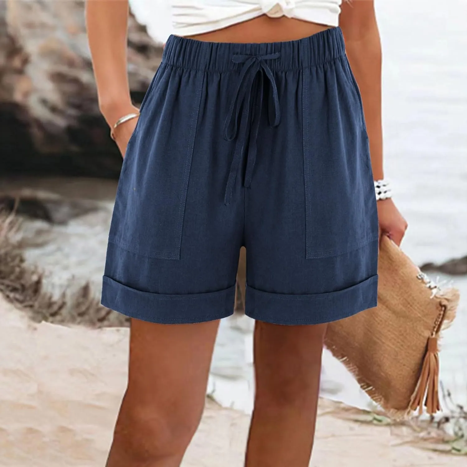 Cotton Linen Shorts for Women 2023 Loose Plain Summer Shorts Folded Hem Drawstring Elastic Waist Shorts with Pockets