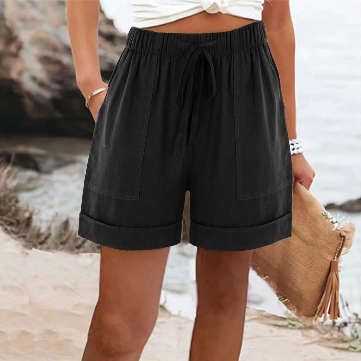 Cotton Linen Shorts for Women 2023 Loose Plain Summer Shorts Folded Hem Drawstring Elastic Waist Shorts with Pockets