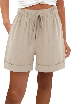 Cotton Linen Shorts for Women 2023 Loose Plain Summer Shorts Folded Hem Drawstring Elastic Waist Shorts with Pockets