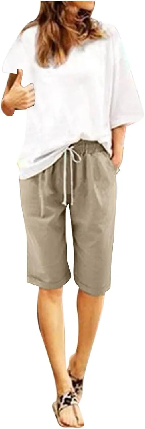 Cotton Linen Shorts for Women Loose Fit Knee Length Bermuda Shorts Elastic Waist Workout Shorts Casual Summer Shorts