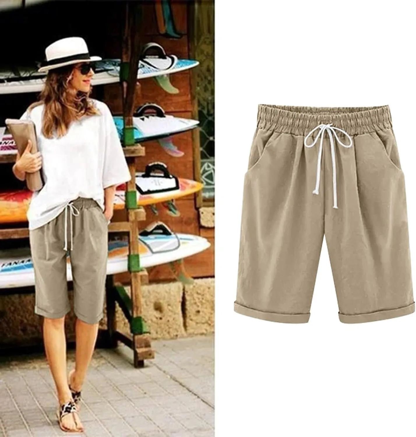 Cotton Linen Shorts for Women Loose Fit Knee Length Bermuda Shorts Elastic Waist Workout Shorts Casual Summer Shorts