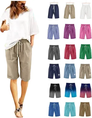 Cotton Linen Shorts for Women Loose Fit Knee Length Bermuda Shorts Elastic Waist Workout Shorts Casual Summer Shorts