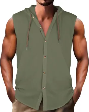 Cotton Linen Sleeveless Hoodies for Men Summer Casual Lightweight Button Down Drawstring Workout Hooded Tank Tops