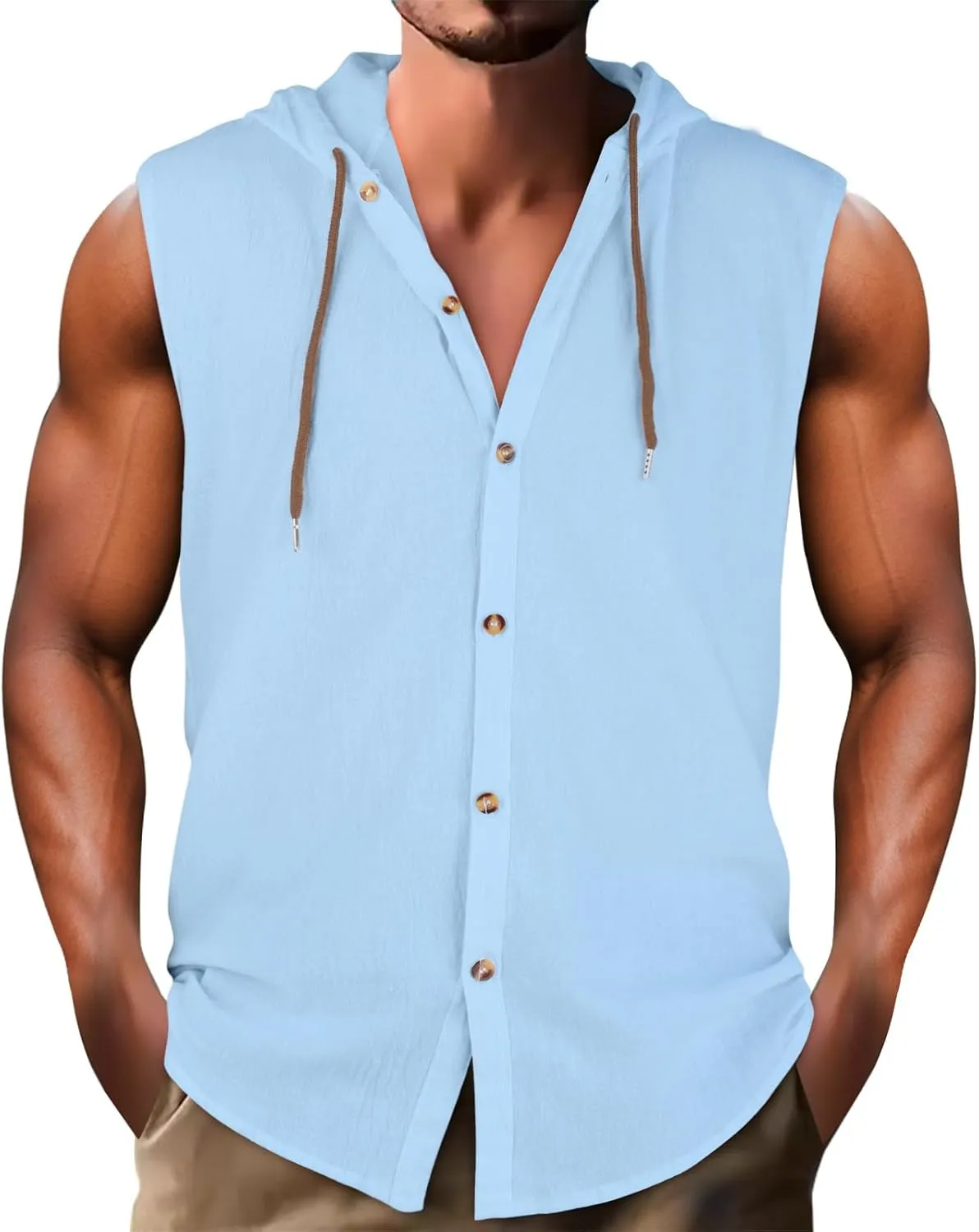 Cotton Linen Sleeveless Hoodies for Men Summer Casual Lightweight Button Down Drawstring Workout Hooded Tank Tops