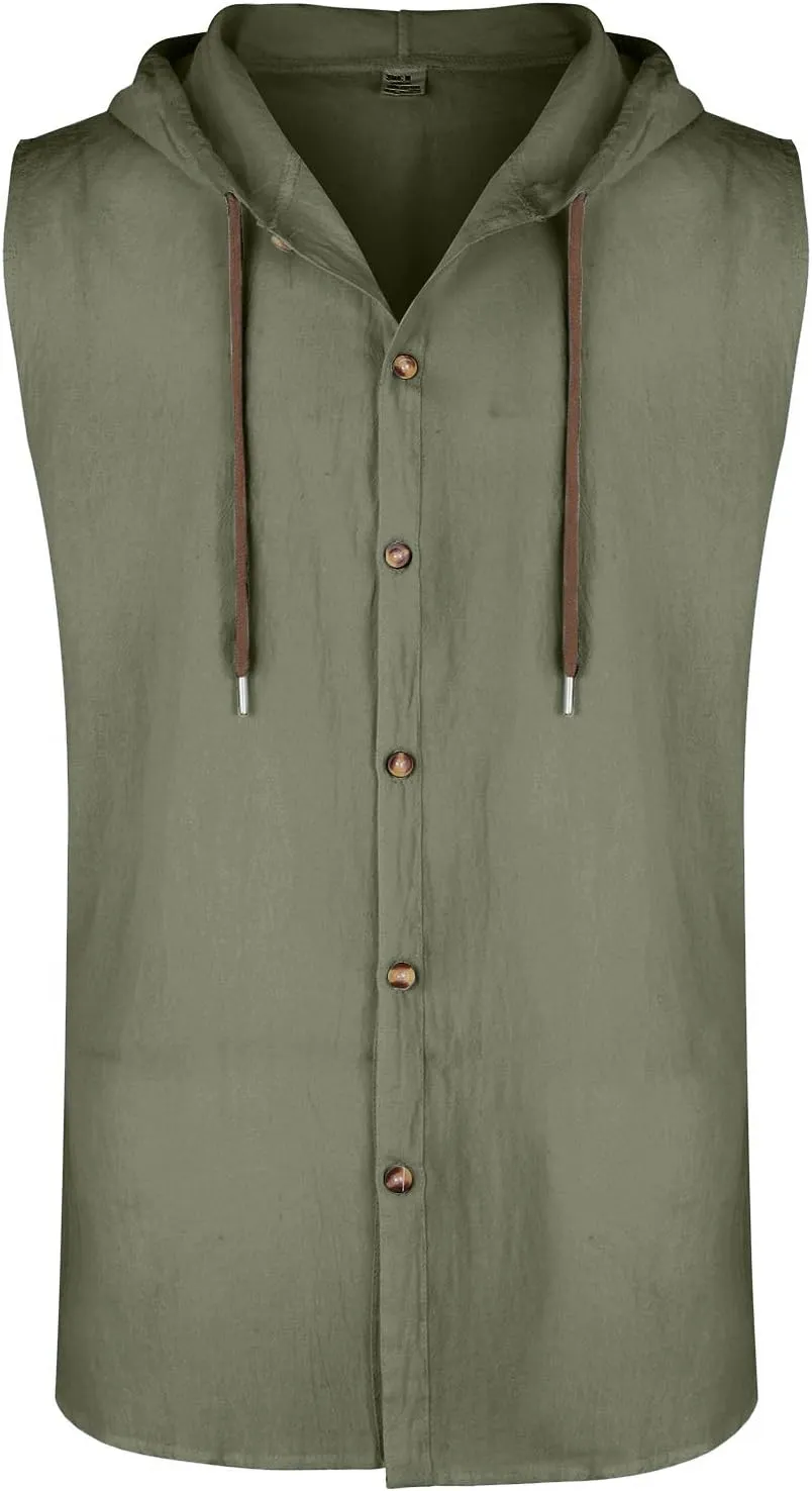 Cotton Linen Sleeveless Hoodies for Men Summer Casual Lightweight Button Down Drawstring Workout Hooded Tank Tops