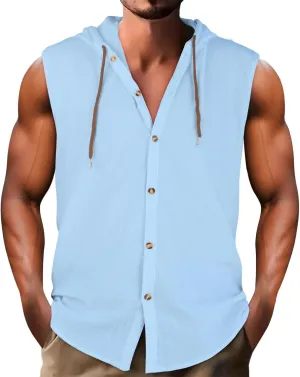Cotton Linen Sleeveless Hoodies for Men Summer Casual Lightweight Button Down Drawstring Workout Hooded Tank Tops