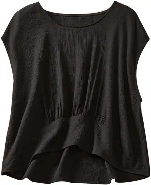 Cotton Linen Tank Tops for Women Vintage Pleated Crewneck Solid Color Cropped Tank Sleeveless Loose Trendy Camisole