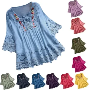 Cotton Linen Tops for Women Vintage Lace Patchwork Bow V-Neck Embroidery Shirts 3/4 Bell Sleeve Plus Size Blouse