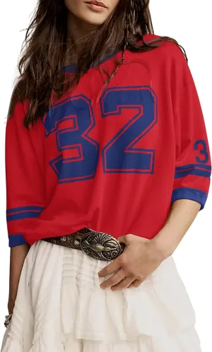 Cotton Oversized Graphic Print T Shirts for Women Color Block Number 32 T-Shirts 2024 Summer Casual Loose Tops