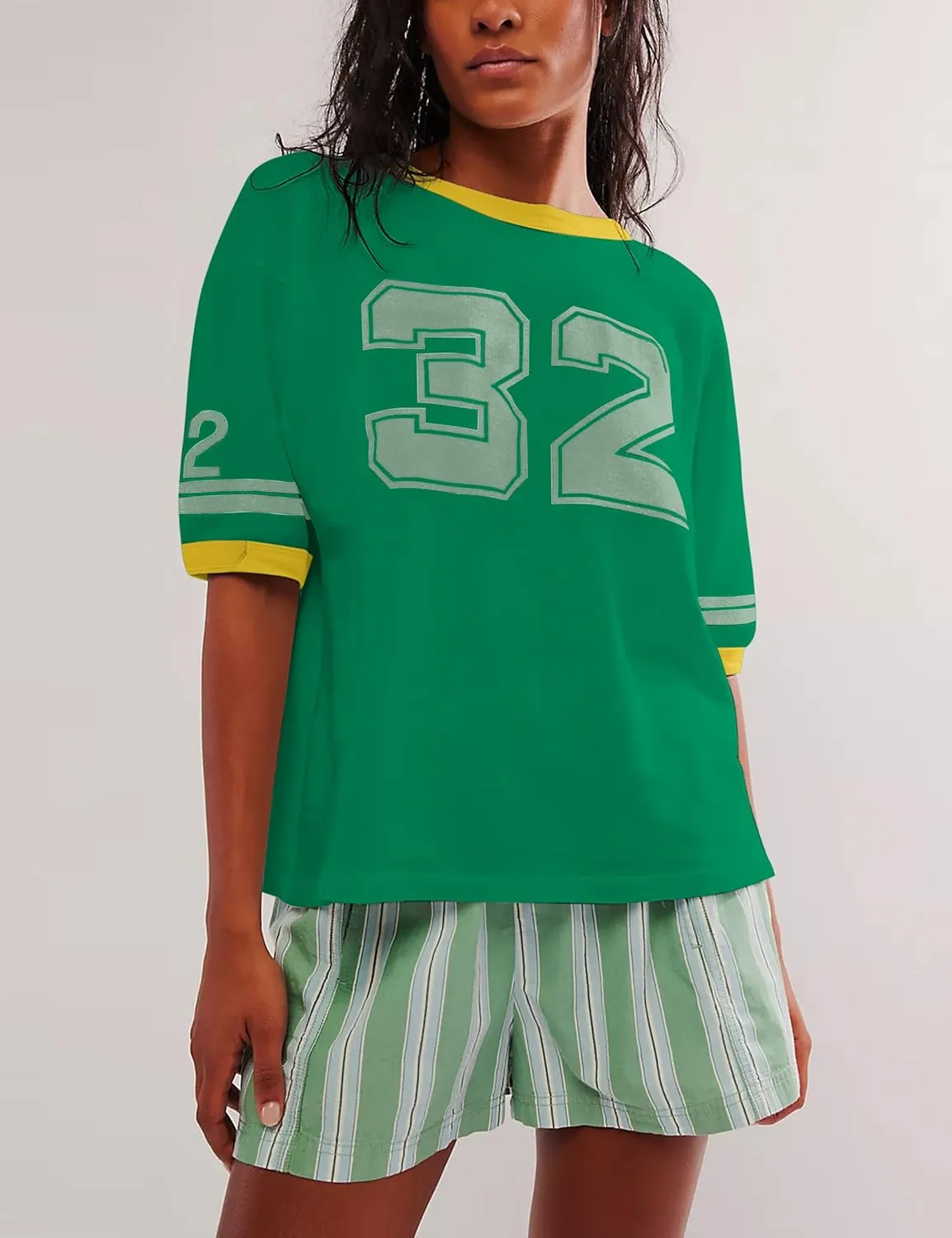 Cotton Oversized Graphic Print T Shirts for Women Color Block Number 32 T-Shirts 2024 Summer Casual Loose Tops