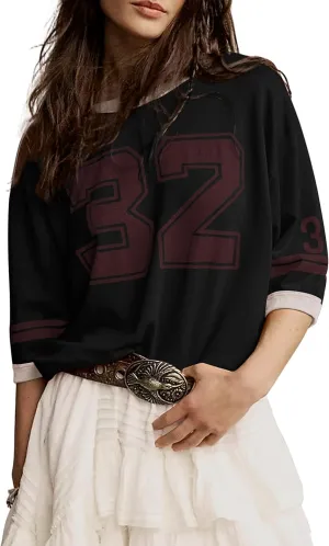 Cotton Oversized Graphic Print T Shirts for Women Color Block Number 32 T-Shirts 2024 Summer Casual Loose Tops