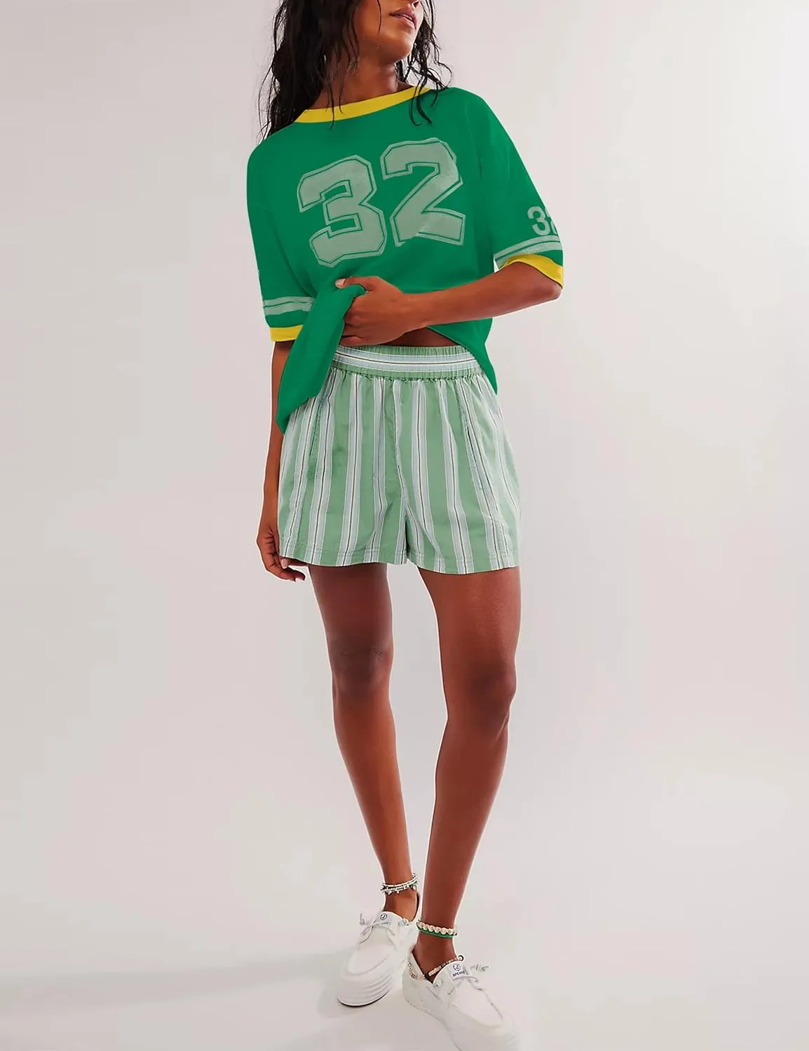 Cotton Oversized Graphic Print T Shirts for Women Color Block Number 32 T-Shirts 2024 Summer Casual Loose Tops