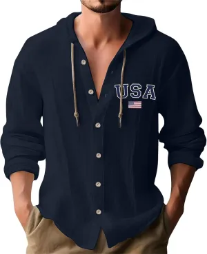 Cotton Shirts for Men Long Sleeve Drawstring Pullover Sweatshirt Casual Button Down Breathable Summer Tops with Hood