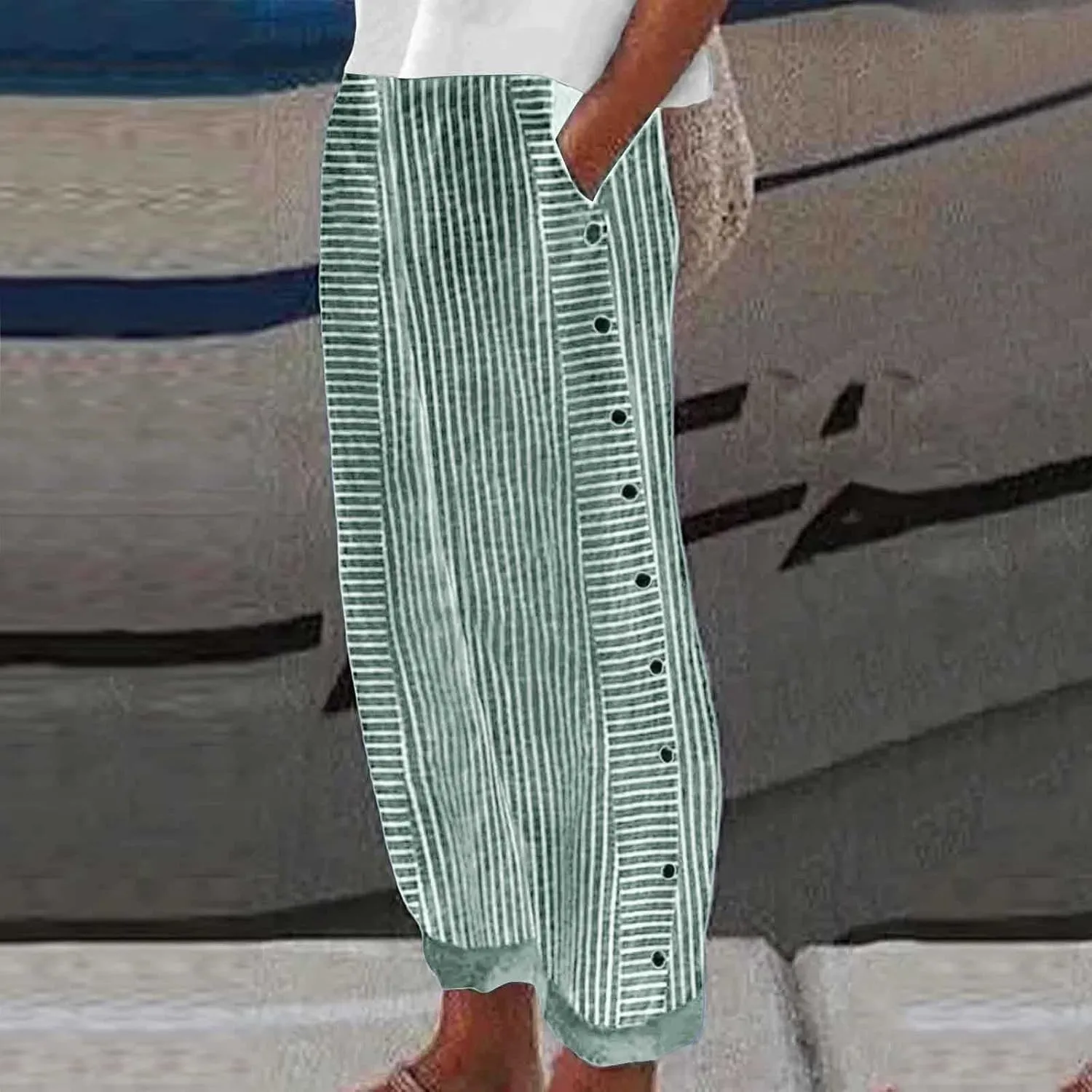 Cropped Pants for Women Striped Side Button Elastic Waist Trendy Pants Wide Leg Capris Pant Comfy Trousers with Pocket