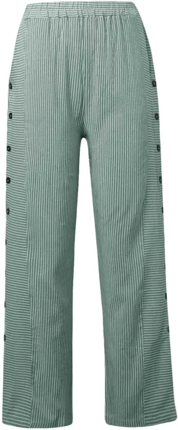Cropped Pants for Women Striped Side Button Elastic Waist Trendy Pants Wide Leg Capris Pant Comfy Trousers with Pocket