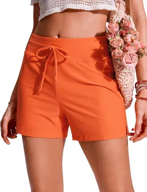 CRZ YOGA Womens Swim Shorts 4'' - High Waisted Board Shorts Zipper Pocket Bathing Swimwear Shorts Side Split with Mesh Liner