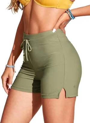 CRZ YOGA Womens Swim Shorts 4'' - High Waisted Board Shorts Zipper Pocket Bathing Swimwear Shorts Side Split with Mesh Liner