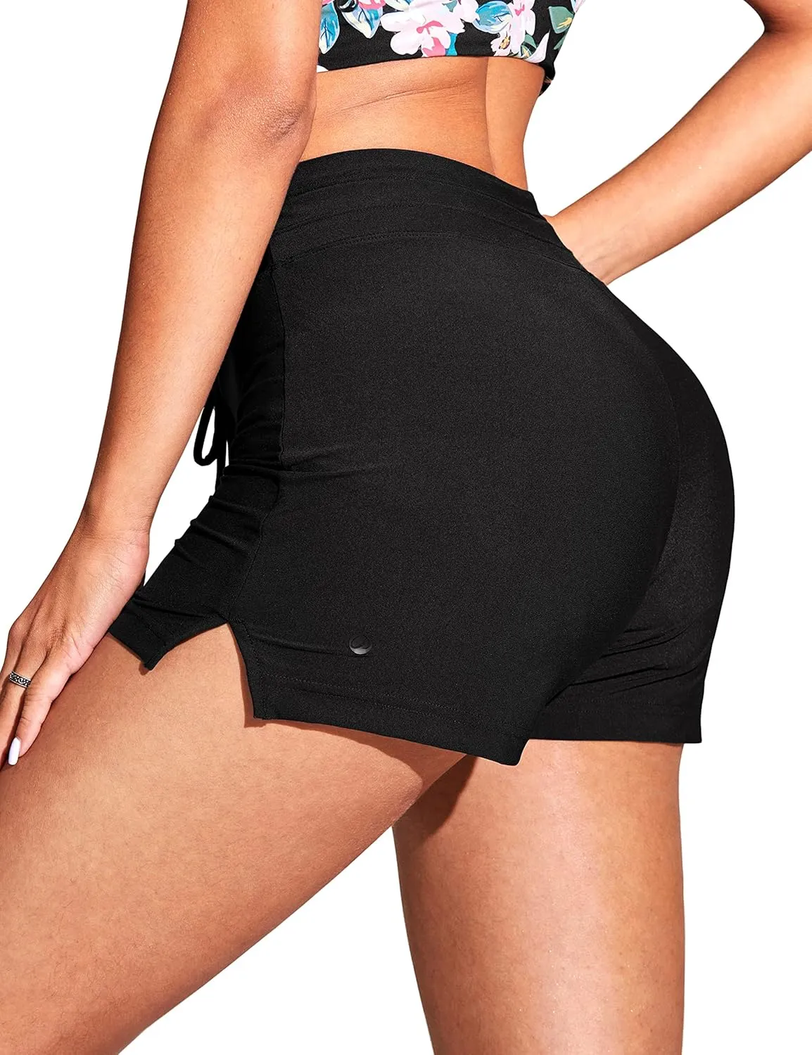 CRZ YOGA Womens Swim Shorts 4'' - High Waisted Board Shorts Zipper Pocket Bathing Swimwear Shorts Side Split with Mesh Liner