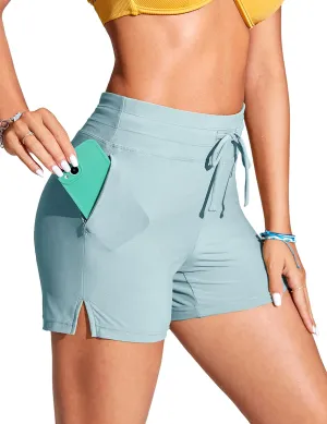 CRZ YOGA Womens Swim Shorts 4'' - High Waisted Board Shorts Zipper Pocket Bathing Swimwear Shorts Side Split with Mesh Liner
