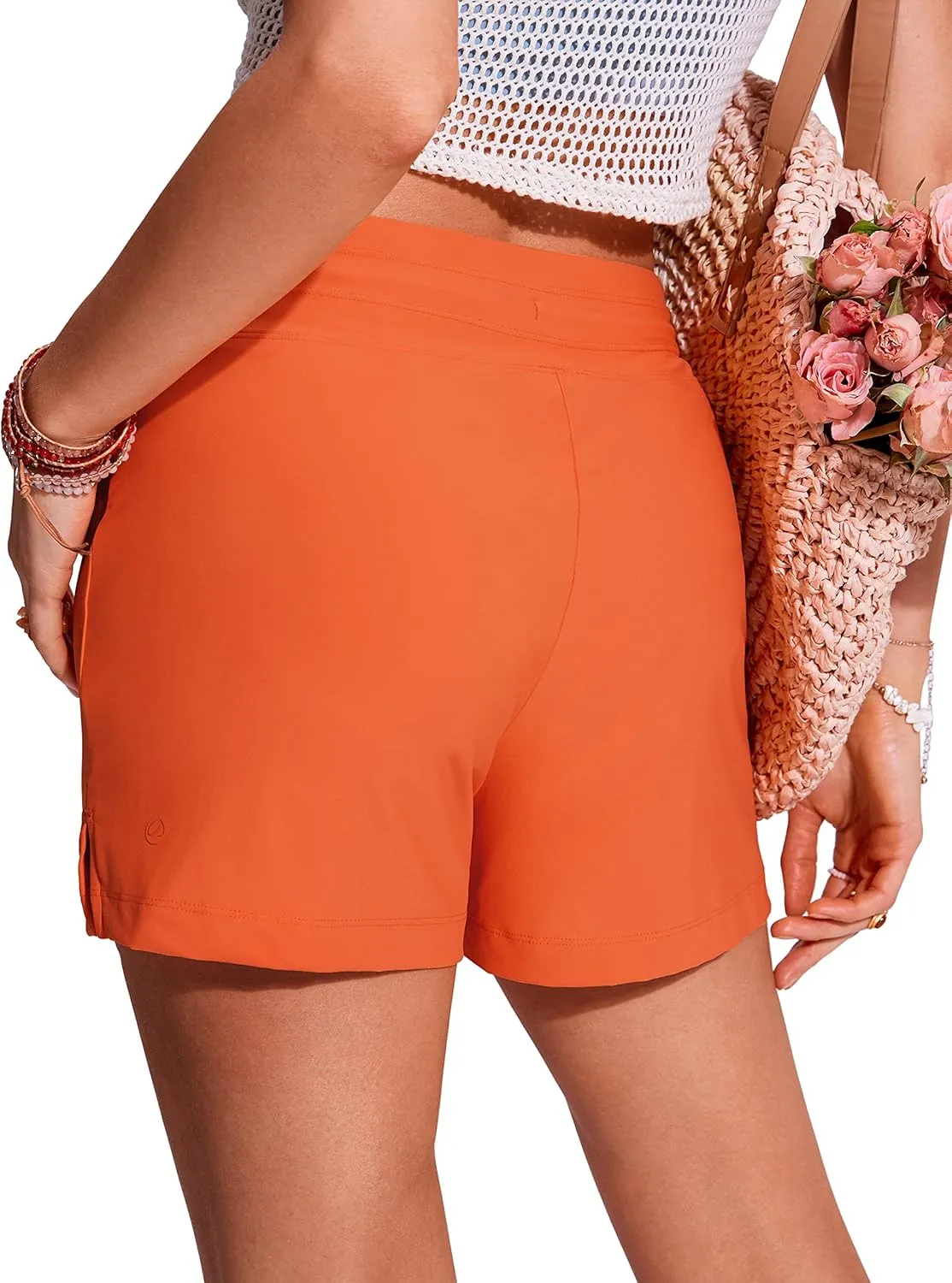 CRZ YOGA Womens Swim Shorts 4'' - High Waisted Board Shorts Zipper Pocket Bathing Swimwear Shorts Side Split with Mesh Liner