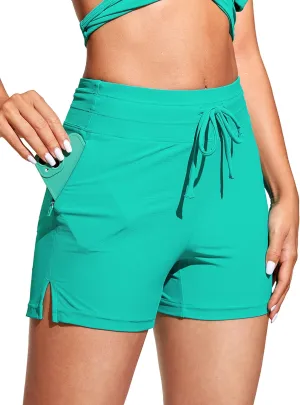 CRZ YOGA Womens Swim Shorts 4'' - High Waisted Board Shorts Zipper Pocket Bathing Swimwear Shorts Side Split with Mesh Liner