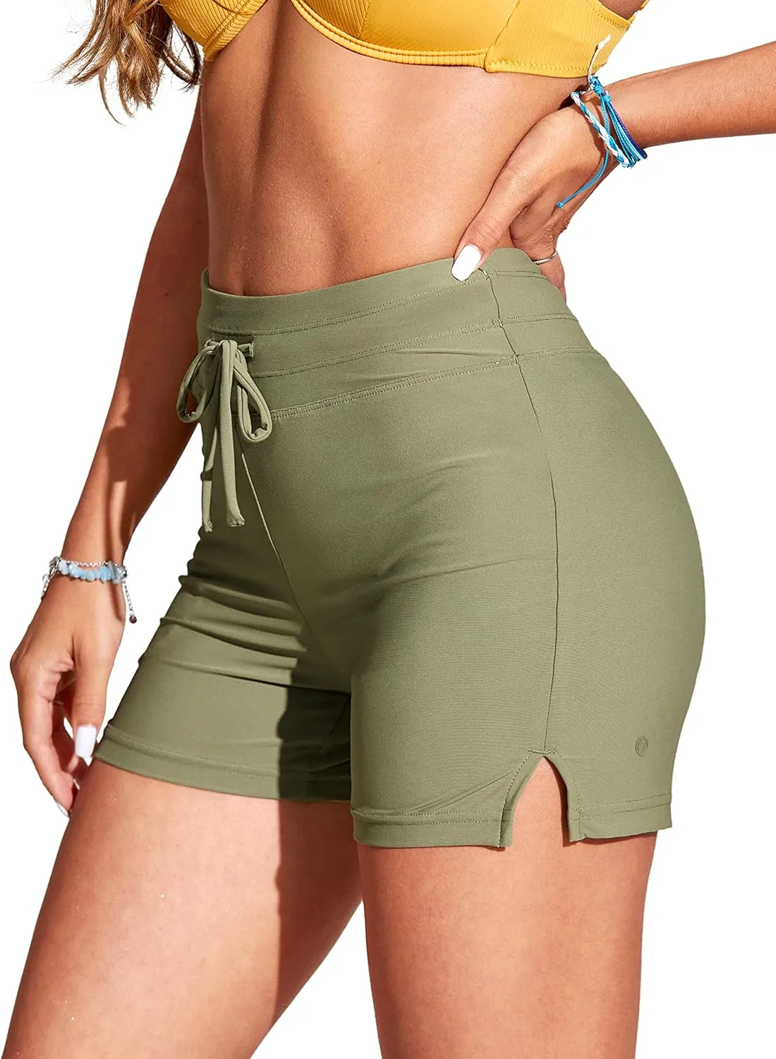 CRZ YOGA Womens Swim Shorts 4'' - High Waisted Board Shorts Zipper Pocket Bathing Swimwear Shorts Side Split with Mesh Liner