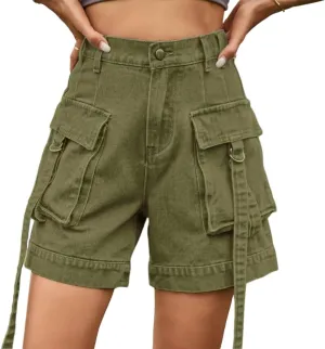 Denim Cargo Pants Casual Pocket Shorts Elastic Waist Women Shorts
