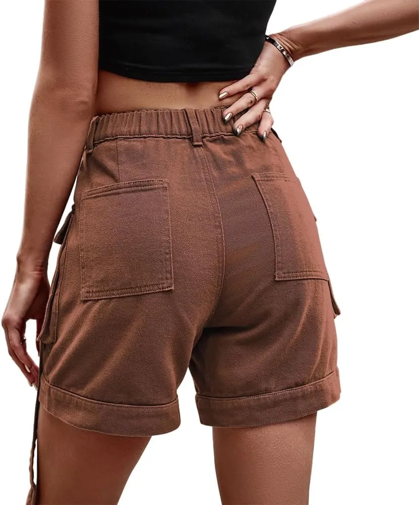 Denim Cargo Pants Casual Pocket Shorts Elastic Waist Women Shorts