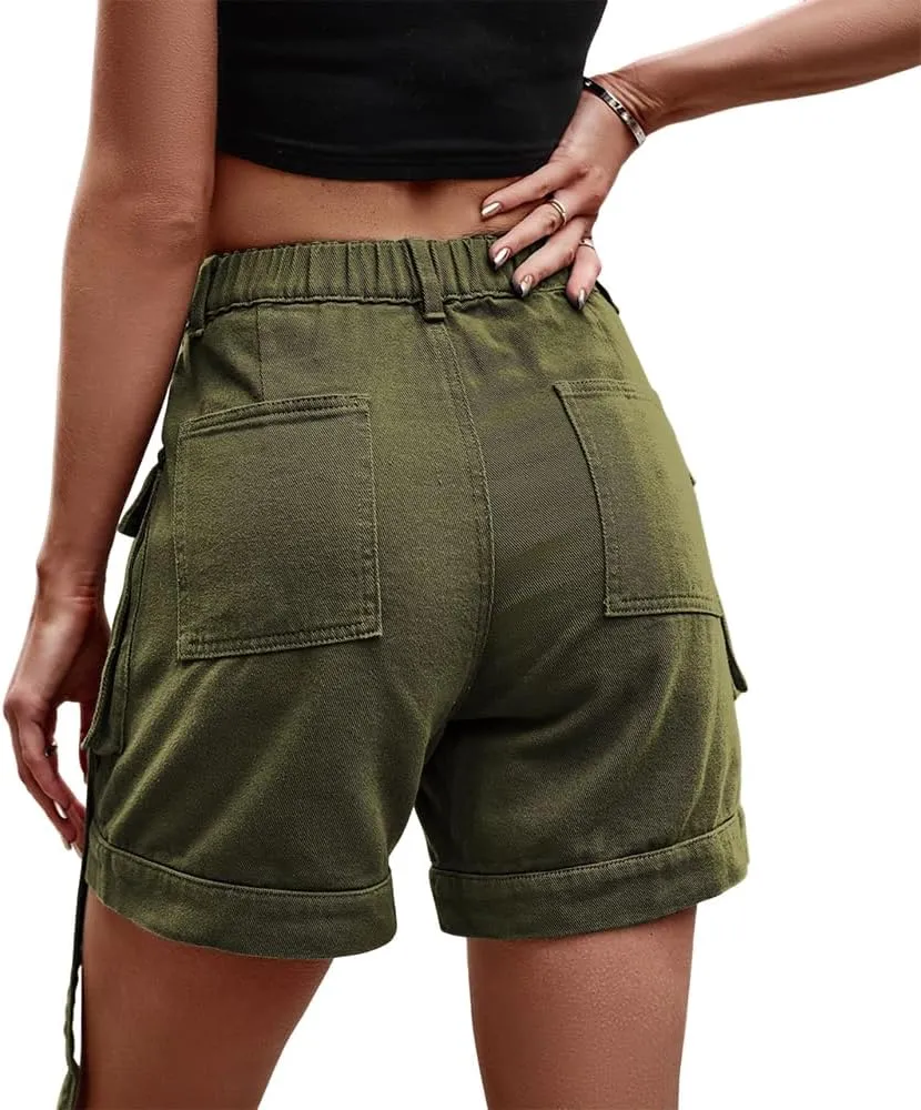 Denim Cargo Pants Casual Pocket Shorts Elastic Waist Women Shorts