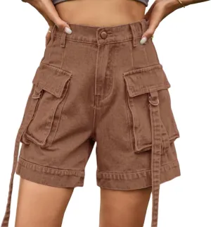 Denim Cargo Pants Casual Pocket Shorts Elastic Waist Women Shorts