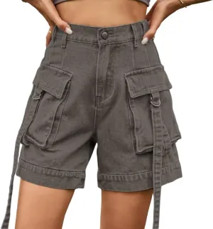 Denim Cargo Pants Casual Pocket Shorts Elastic Waist Women Shorts