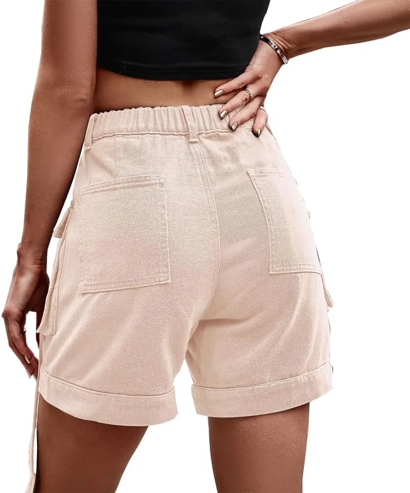 Denim Cargo Pants Casual Pocket Shorts Elastic Waist Women Shorts