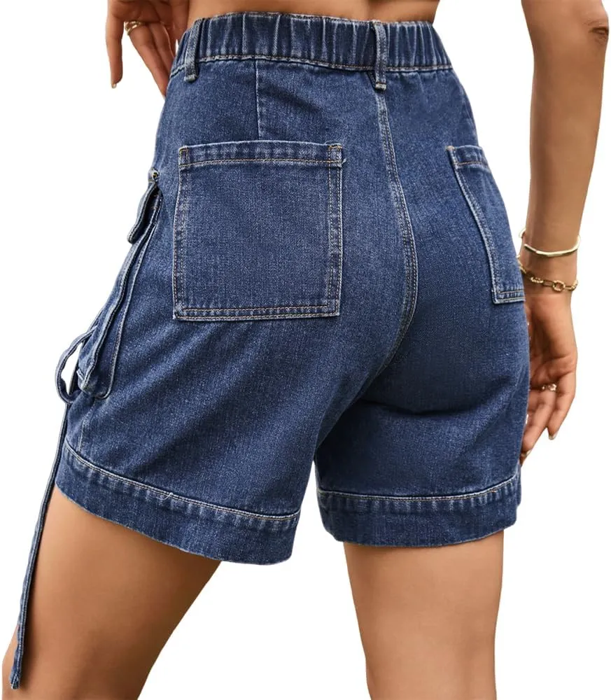Denim Cargo Pants Casual Pocket Shorts Elastic Waist Women Shorts