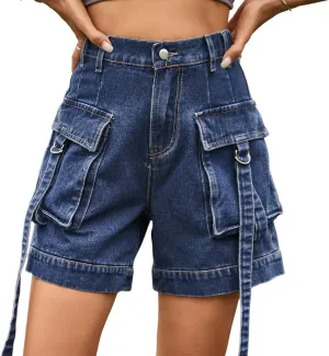Denim Cargo Pants Casual Pocket Shorts Elastic Waist Women Shorts