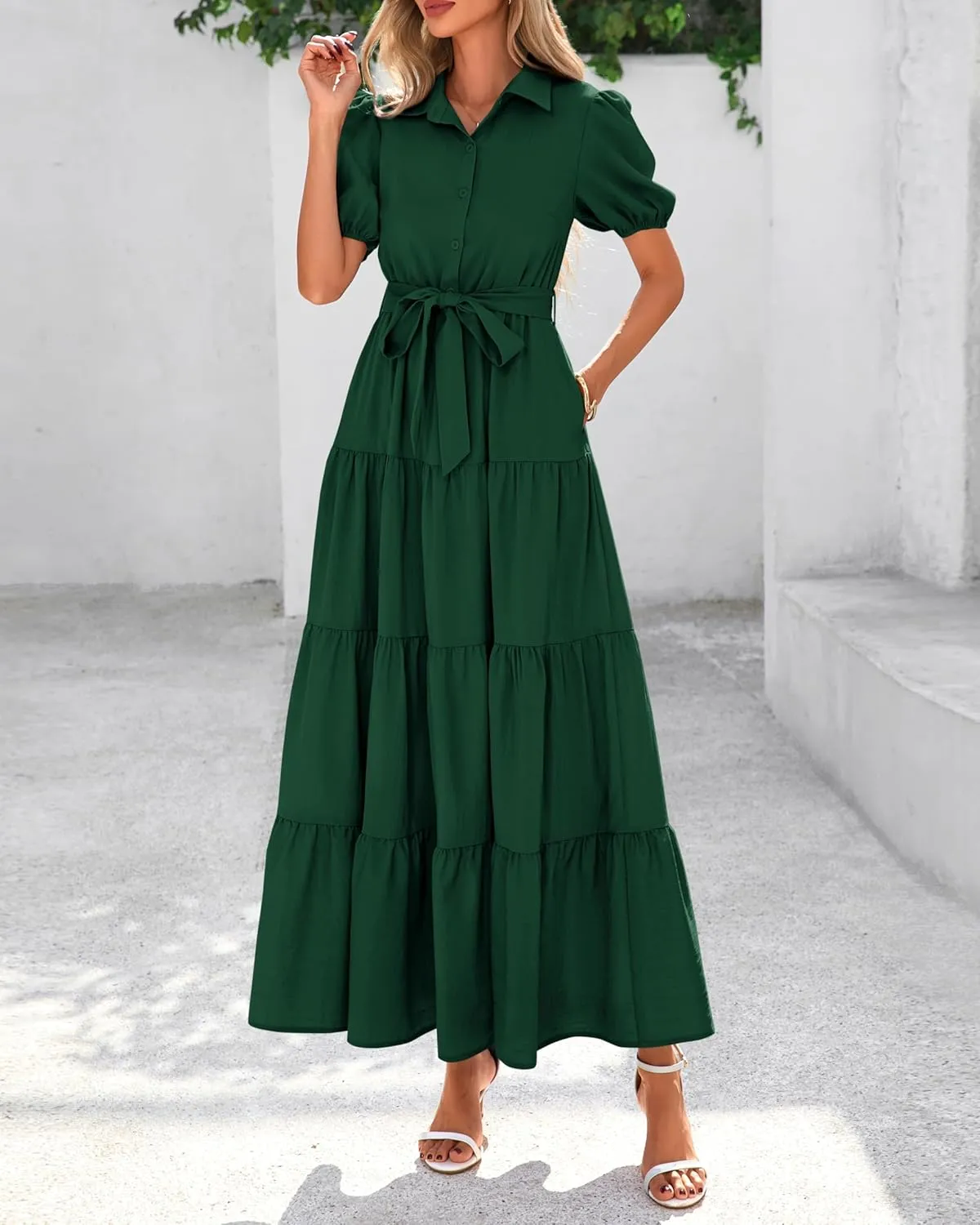 dowerme Womens Summer Dresses 2025 Short Sleeve Button Tie Waist Beach Vacation Clothes Boho Flowy Tiered Maxi Sundress