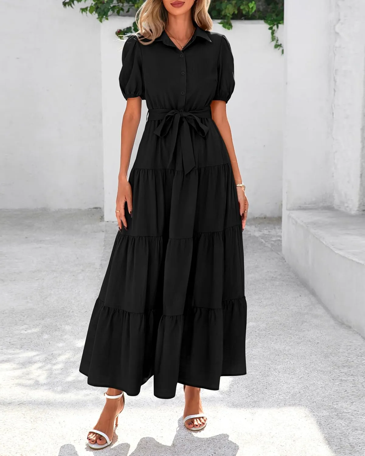 dowerme Womens Summer Dresses 2025 Short Sleeve Button Tie Waist Beach Vacation Clothes Boho Flowy Tiered Maxi Sundress