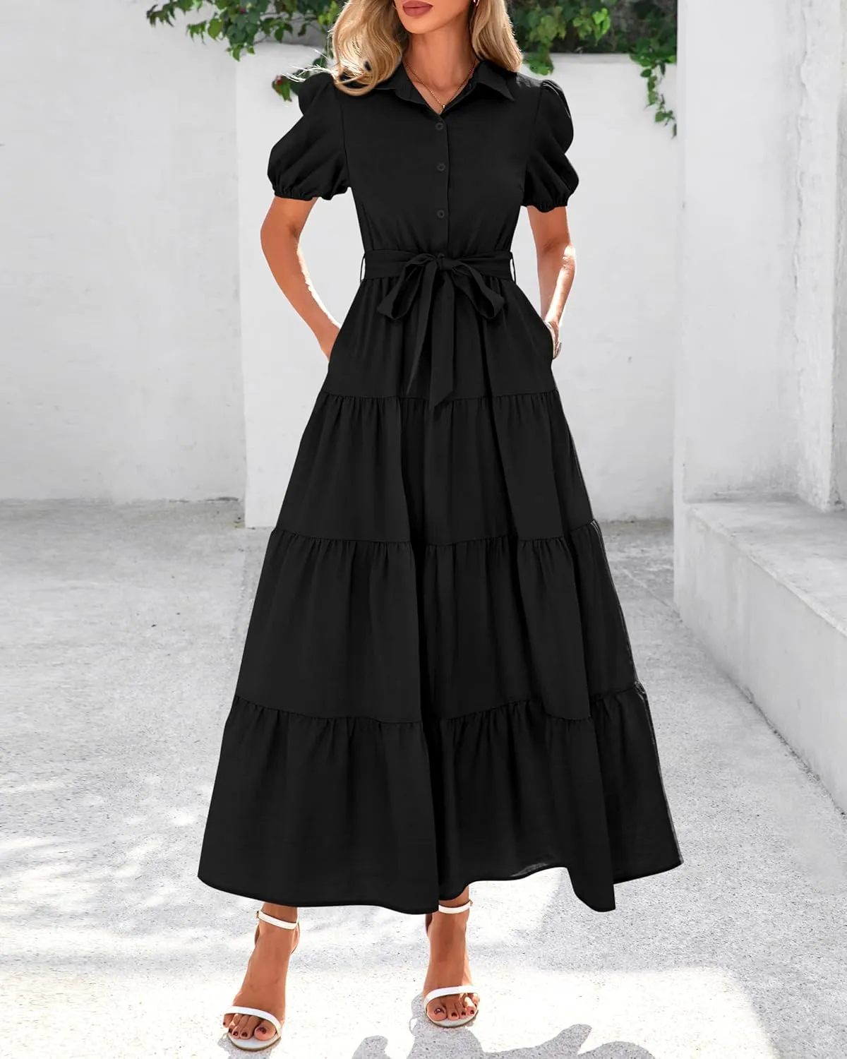 dowerme Womens Summer Dresses 2025 Short Sleeve Button Tie Waist Beach Vacation Clothes Boho Flowy Tiered Maxi Sundress