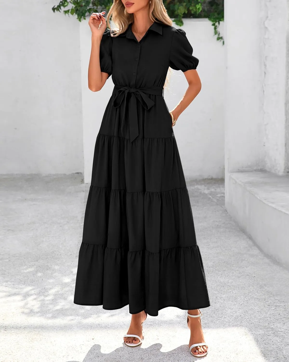 dowerme Womens Summer Dresses 2025 Short Sleeve Button Tie Waist Beach Vacation Clothes Boho Flowy Tiered Maxi Sundress