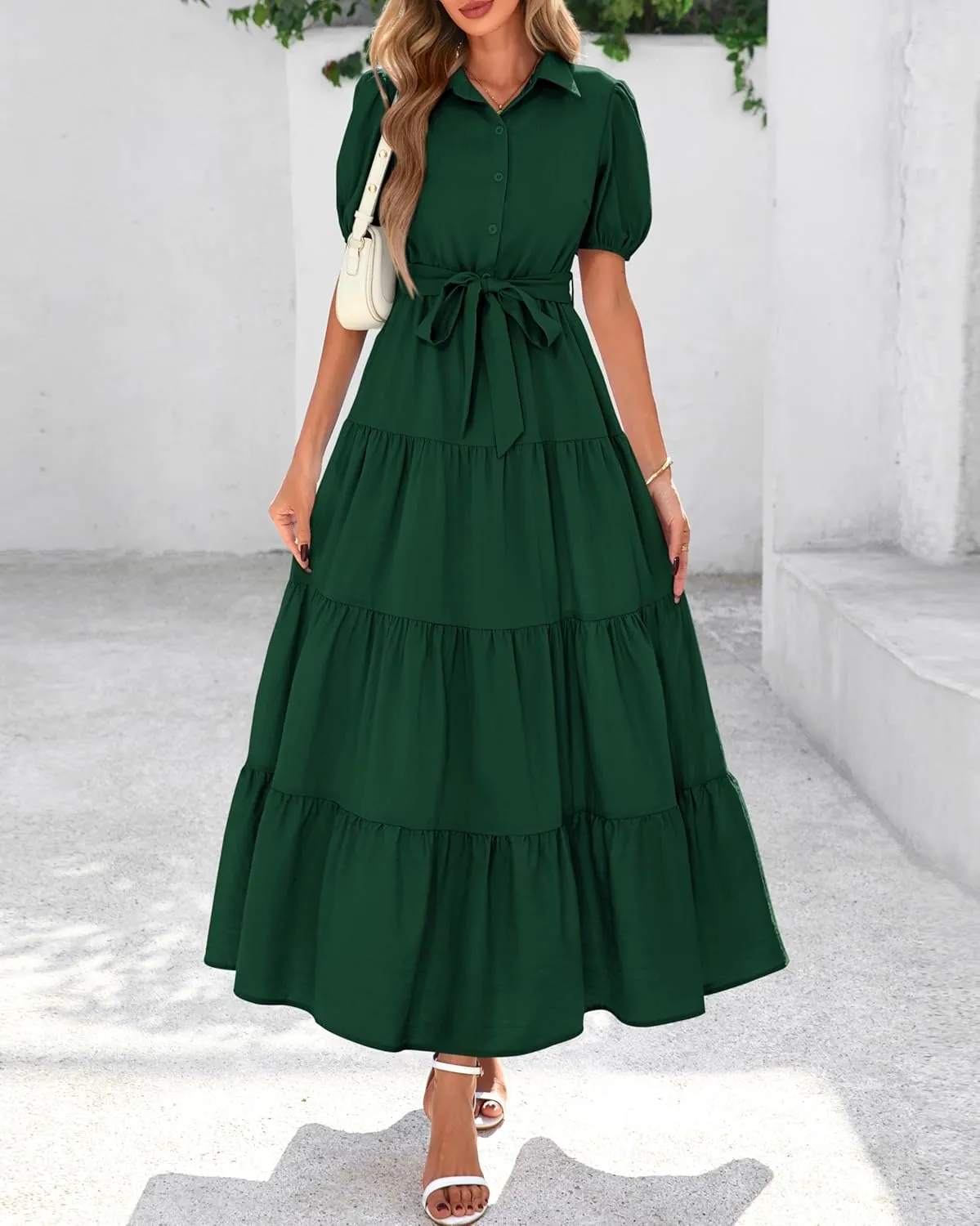 dowerme Womens Summer Dresses 2025 Short Sleeve Button Tie Waist Beach Vacation Clothes Boho Flowy Tiered Maxi Sundress