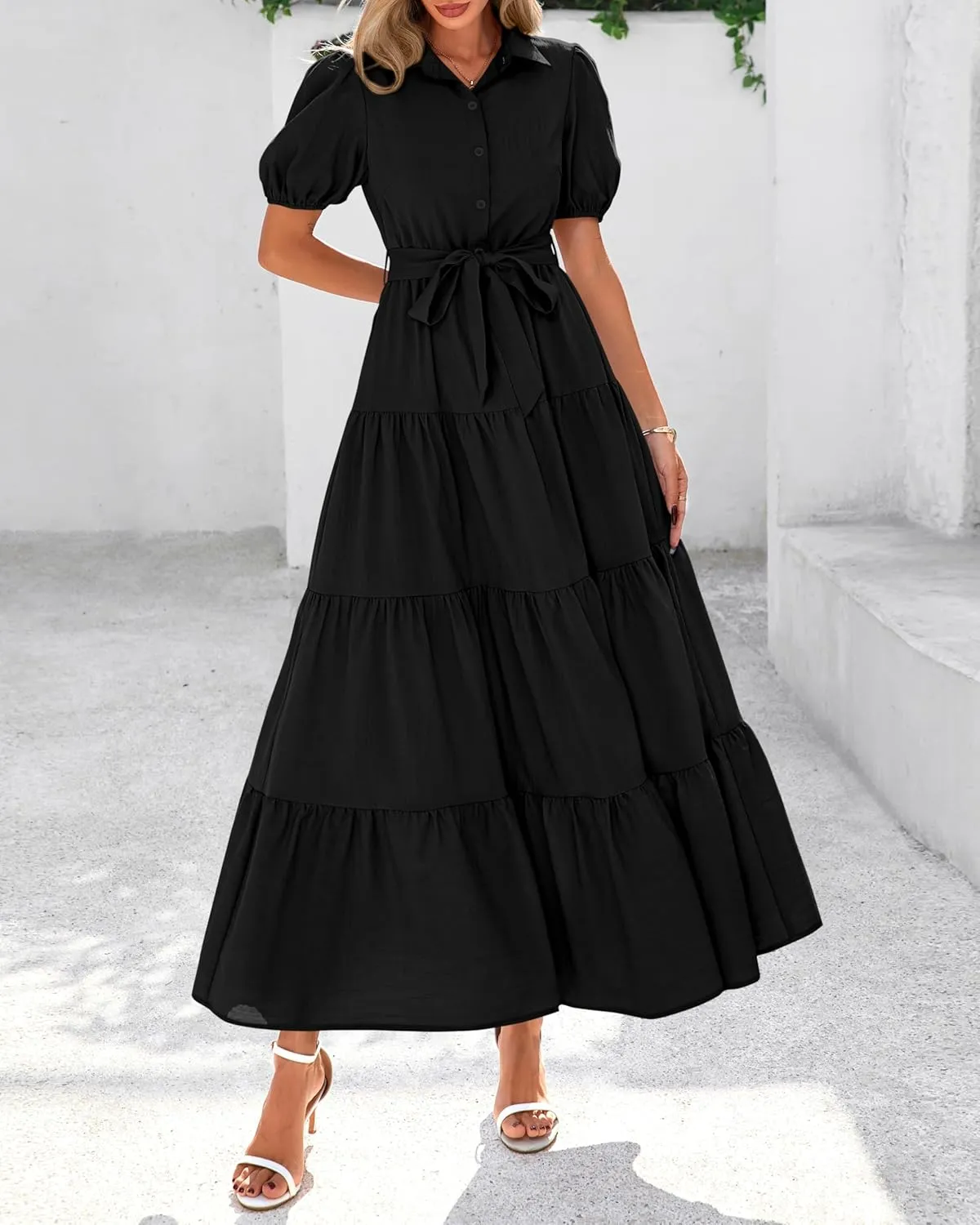 dowerme Womens Summer Dresses 2025 Short Sleeve Button Tie Waist Beach Vacation Clothes Boho Flowy Tiered Maxi Sundress